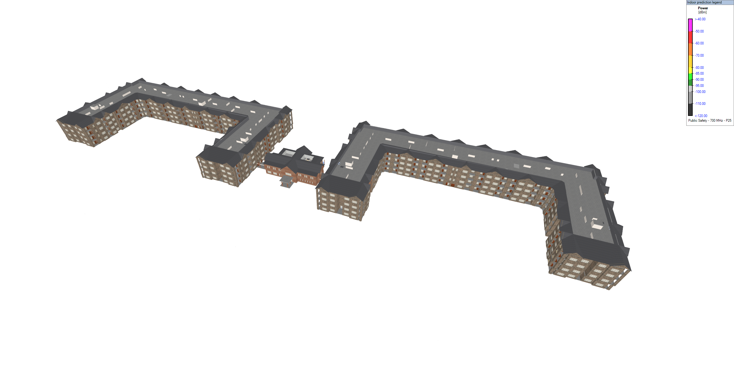 iBwave 3D model of the three-building apartment complex used for signal strength predictions